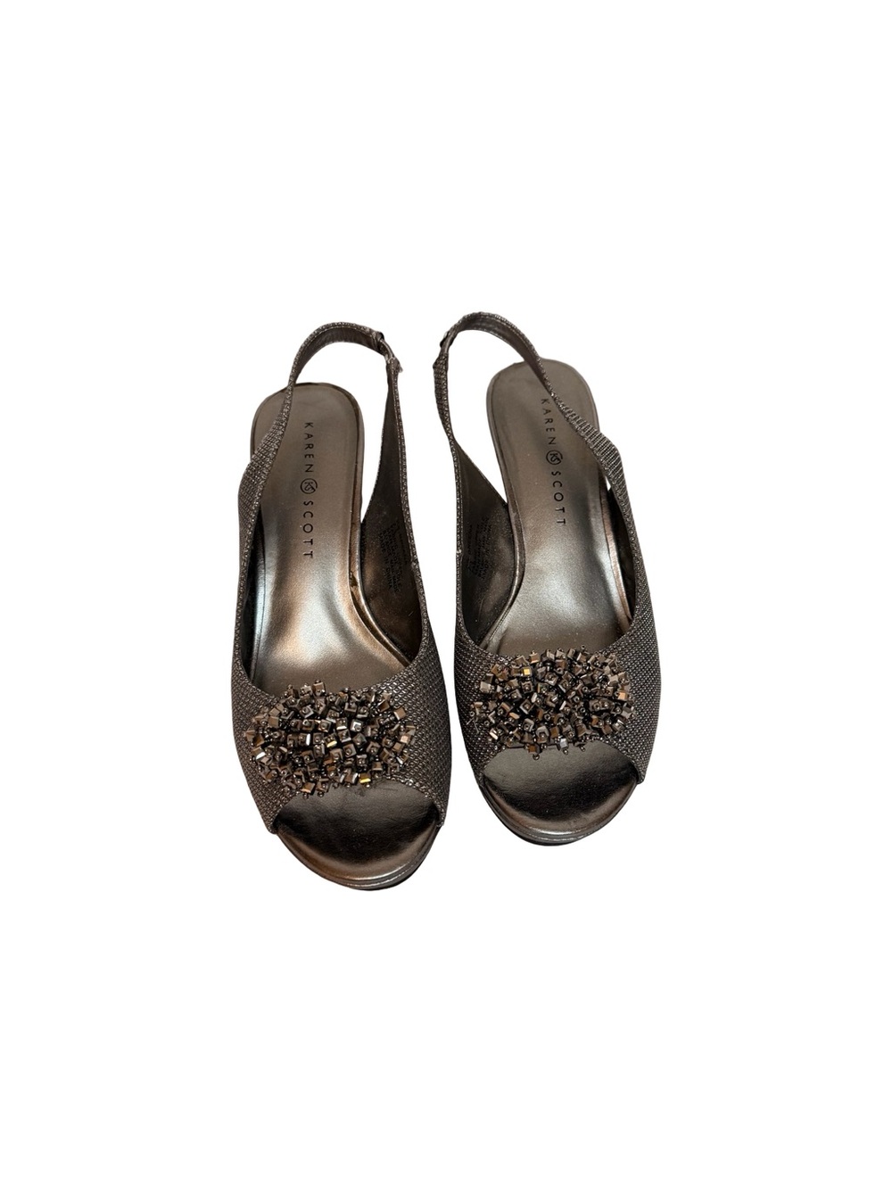 Karen Scott Breena Pewter Slingback Peep Toe Heels Beaded Embellished Sz 7.5 - Picture 2 of 8